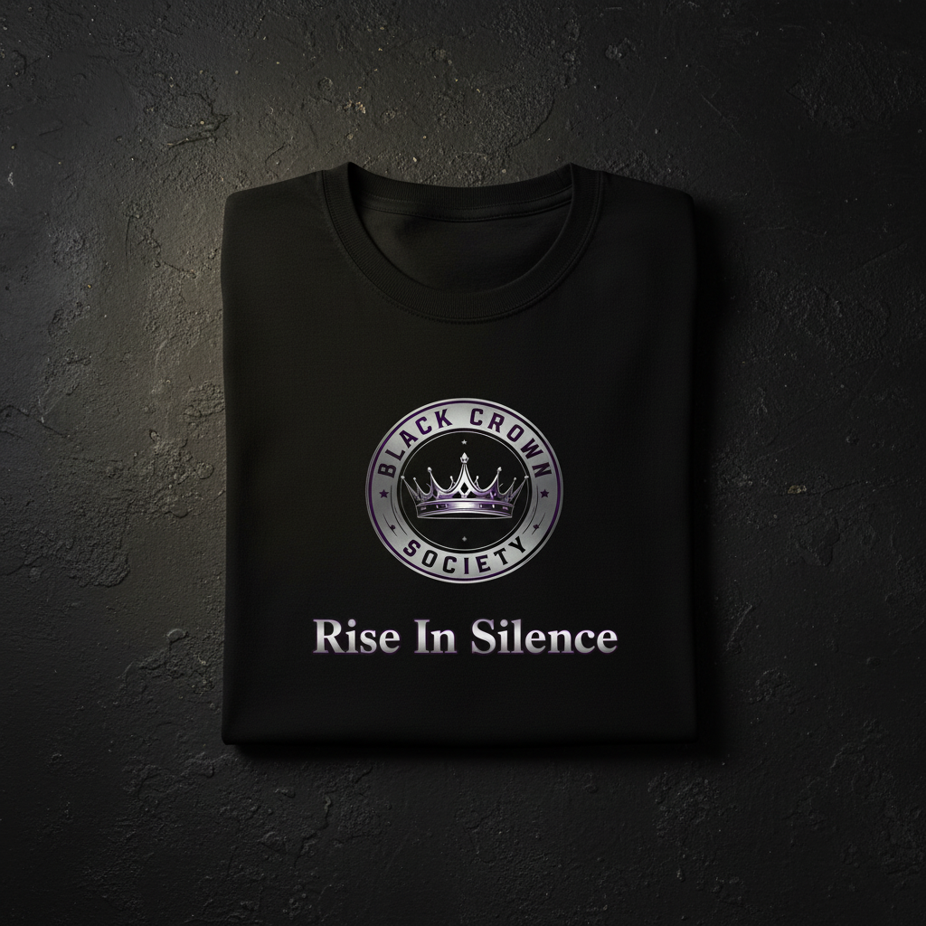 Black Crown Society men's tee folded flat lay with centered logo