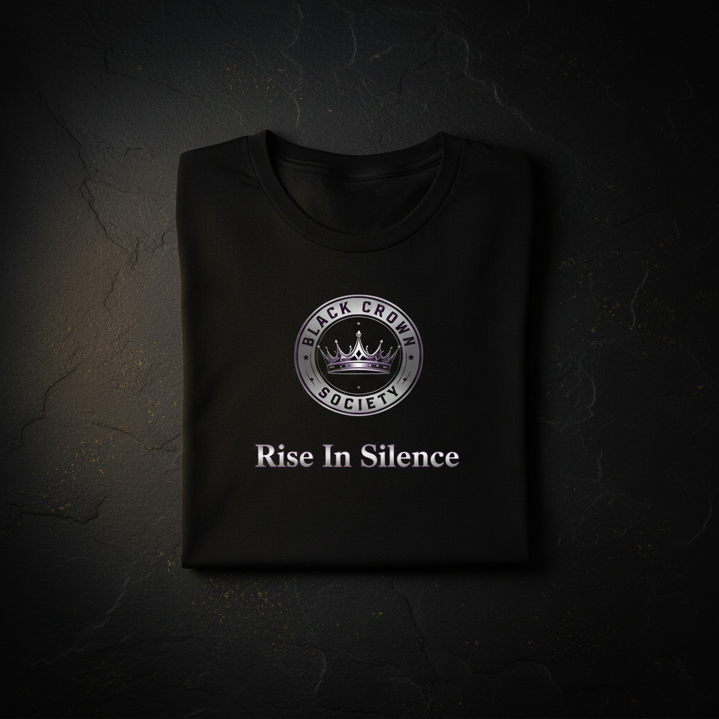 Black Crown Society women's tee folded flat lay with centered logo